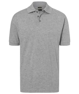 A grey classic polo shirt with a collar, short sleeves, and three buttons, featuring a logo.
