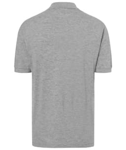 A grey classic polo shirt featuring a collar and short sleeves, with a logo on the back.