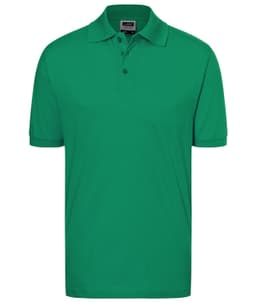 A green polo shirt with a collar, short sleeves, and a logo on the chest.