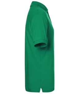 A green polo shirt displayed from the side, featuring a collar and short sleeves. The shirt includes a logo.