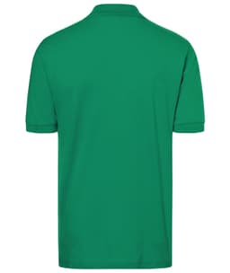 A green polo shirt with a classic fit, featuring short sleeves and a collar, with a logo on the front.