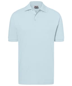 A light blue classic polo shirt with a collar and a logo on the chest.