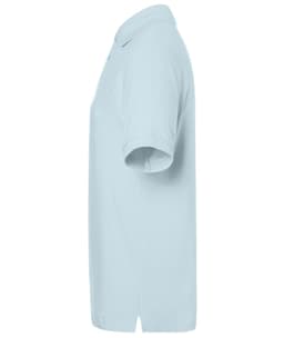 A light blue polo shirt with short sleeves, featuring a collar and a logo on the side.