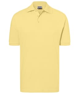 A yellow polo shirt with a collared neckline and short sleeves, featuring a logo on the chest.
