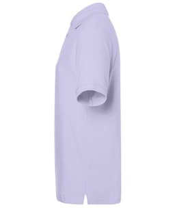A lilac polo shirt with a classic design and a logo on the chest, displayed from the side.