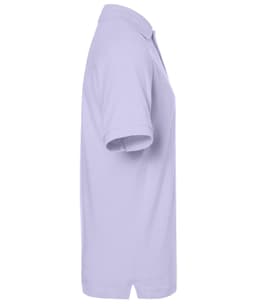 A side view of a classic polo shirt in light purple, featuring a collar and short sleeves. It has a logo on the chest.