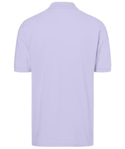 A lilac polo shirt with short sleeves and a collar, featuring a logo on the back.
