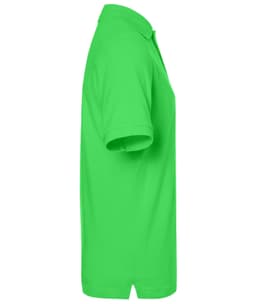 A bright green polo shirt with a collar, featuring short sleeves and a logo on the side.