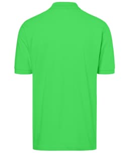 A green polo shirt featuring a collar and short sleeves, with a logo on the back.
