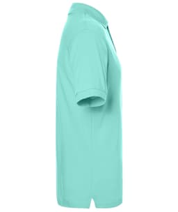 A turquoise polo shirt with a classic design, featuring a collar and short sleeves. It includes a logo.