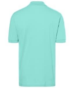 A light blue polo shirt with a classic collar and short sleeves, featuring a logo on the back.