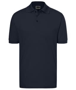 A navy blue classic polo shirt with a collar and three-button placket, featuring a logo.