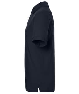 A navy blue classic polo shirt in a side view, featuring a collared neckline and short sleeves.