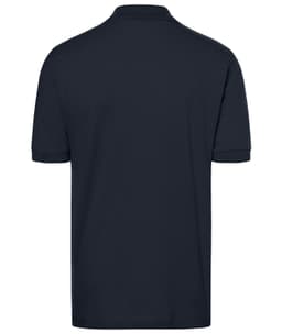 A classic polo shirt in navy blue with a collar and short sleeves, featuring a logo.