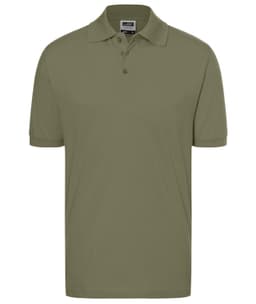 A classic polo shirt in an olive green colour, featuring a collar, short sleeves, and a logo on the chest.