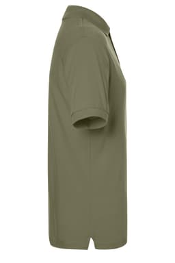 A khaki polo shirt displayed from the side, featuring a collar and short sleeves. The shirt has a logo.