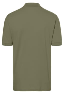 A classic polo shirt in olive green, featuring a simple design and a collar, with short sleeves and a back view.