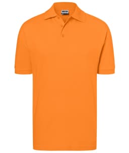An orange polo shirt with a classic design, featuring a collar and short sleeves. It has a logo on the chest.