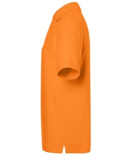 An orange classic polo shirt featuring a collar, short sleeves, and a logo on the front.