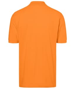 An orange classic polo shirt with a short-sleeved design and a collar, featuring a logo.