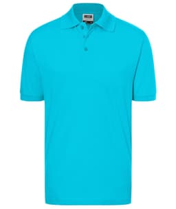 A turquoise polo shirt featuring a classic collar and three buttons. The shirt has a logo.