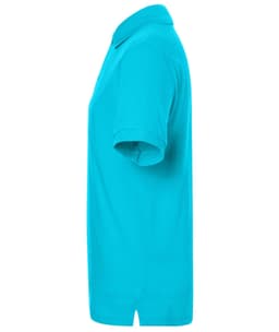 A classic polo shirt in bright turquoise, featuring a collared neck and short sleeves. It has a logo on the fabric.