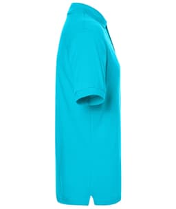 A turquoise polo shirt viewed from the side, featuring a collar and a logo.