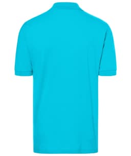 A classic polo shirt in a vibrant aqua blue colour, featuring short sleeves and a collar. It has a logo on the chest.