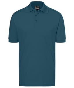 A classic polo shirt in a deep teal colour with a collar and three buttons, featuring branding on the label.