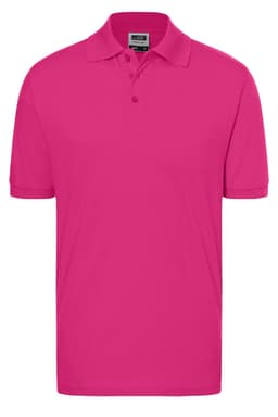 A pink polo shirt with a classic collar and three buttons, featuring a logo on the chest area.