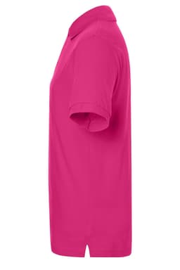 A pink classic polo shirt with short sleeves and a collar, featuring a logo on the fabric.