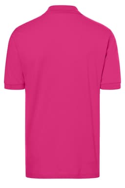 A pink polo shirt featuring a collar and short sleeves, with a logo on the back.