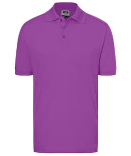 A purple polo shirt with a collar and three buttons, featuring a branding logo.