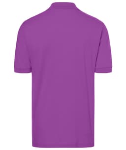 A purple classic polo shirt with a plain back view and folded sleeves. It features a branding logo.