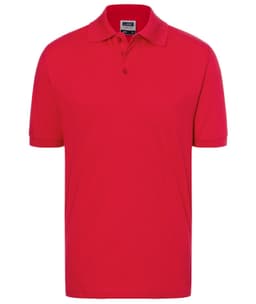 A red polo shirt featuring a collar, short sleeves, and a small logo on the chest.
