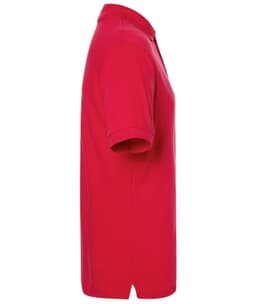 A red polo shirt displayed from the side, featuring a collar and short sleeves. The shirt has a logo on it.