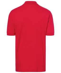 A red polo shirt with a classic design, featuring a collar and short sleeves. The garment has a brand logo.