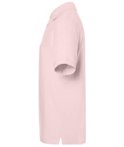 A pink polo shirt with a classic cut, featuring a collar and short sleeves. It has a logo on the chest.