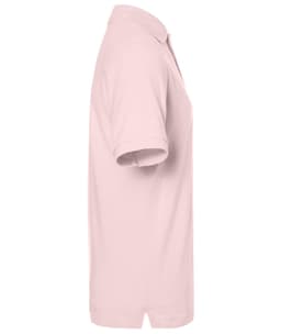 A light pink polo shirt with a collared neckline and short sleeves, featuring a logo on the front.