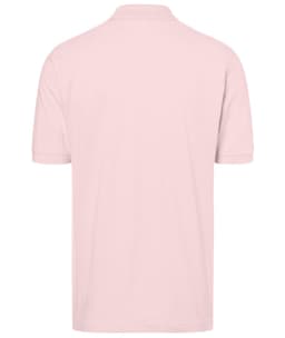 A classic polo shirt in light pink, featuring a back view and a logo on the upper back.