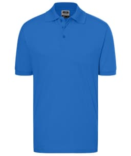 A blue polo shirt with a collar and three button placket. The shirt features a logo on the chest.