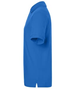 A blue polo shirt with a classic design, featuring short sleeves and a collar. It has a small logo on it.