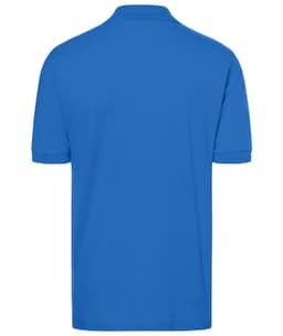 A blue polo shirt with a classic design, featuring a collar and short sleeves. It has a logo on the front.