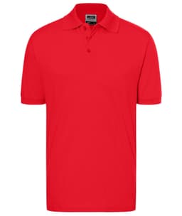 A red polo shirt featuring a classic design and a three-button placket. The shirt has a logo on it.