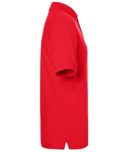 A red polo shirt displayed from the side, featuring a collar and short sleeves, with a logo present.