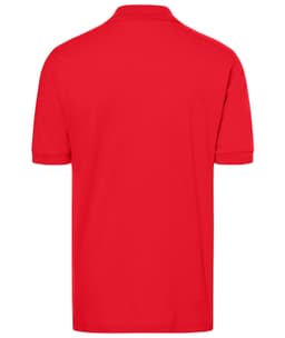 A red polo shirt featuring a collar and short sleeves, with a logo on the back.