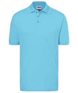 A light blue classic polo shirt featuring a collar and three-buttons placket, with a logo on the chest.