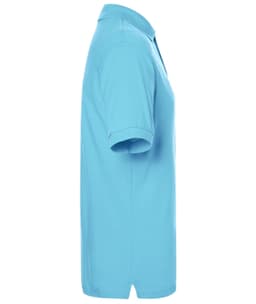 A side view of a classic polo shirt in a light blue colour, featuring a collar and short sleeves, with a logo.