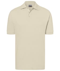 A beige polo shirt with a classic design, featuring a collar and short sleeves, and a logo on the chest.
