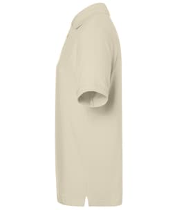 A beige classic polo shirt featuring short sleeves and a collar. It includes a logo on the chest.